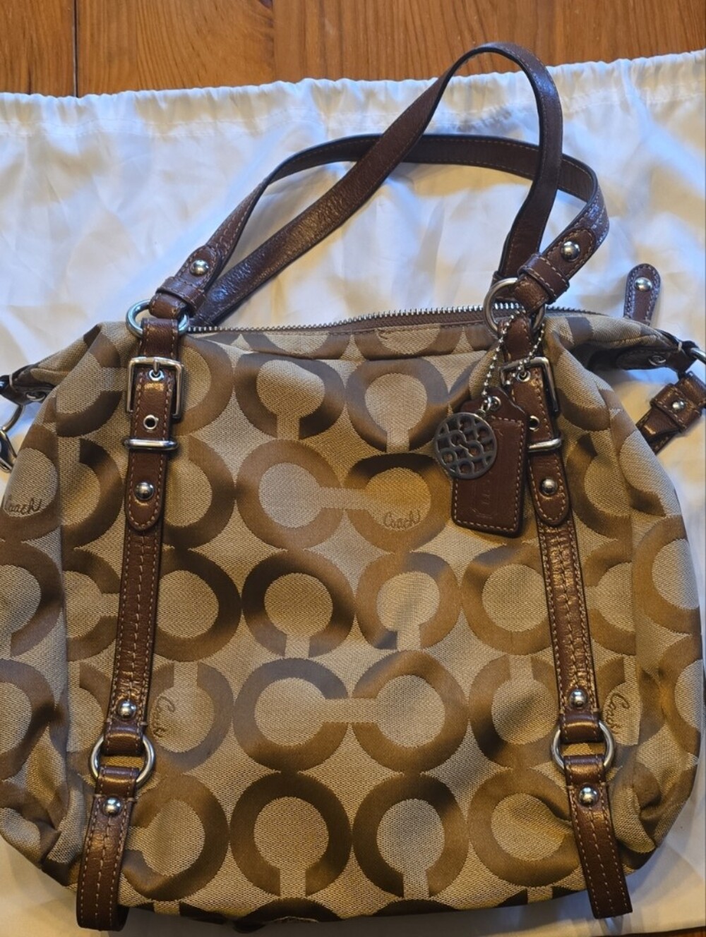 Coach Khaki and Brown Signature Canvas Shoulder Bag